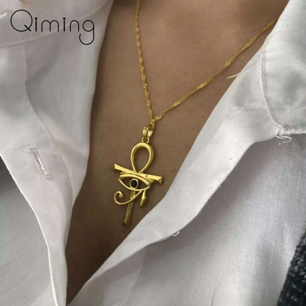 Viking Crystal EYE Cross Ankh Necklace For Women Men Amulet Religion Punk Vintage Jewelry Evil Eye Golden Chains Necklaces - KIMLUD