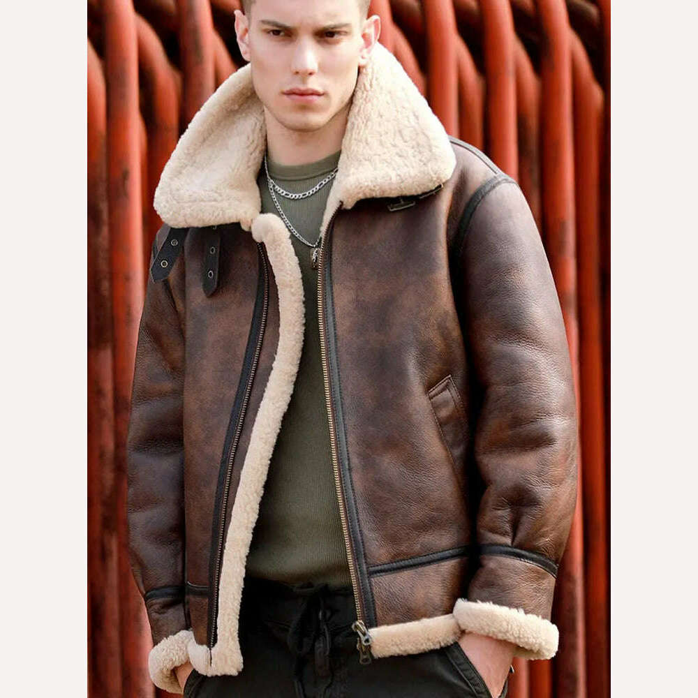 Vintage 2024 New Winter Fashion Men's Genuine Leather Coat Male Pilot Biker Jacket Thick Warm Wool Liner Brown Oversize 62 64 66 - KIMLUD