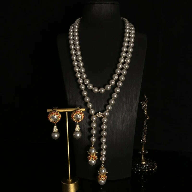 vintage Baroque necklaces Exaggerate with a glazed pearl ultra long necklace sweater chain - KIMLUD