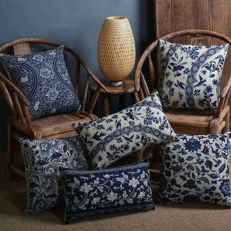 Vintage Blue White Porcelain Pillow Cover Home Decor Pillow Cushion Cover Floral Linen Pillow Case Sofa Cushions - KIMLUD