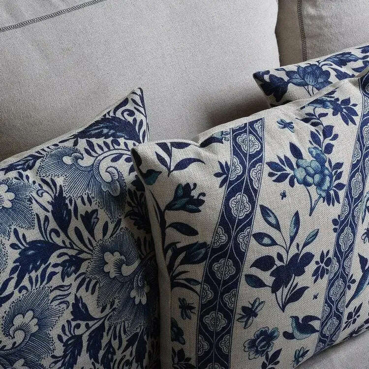 Vintage Blue White Porcelain Pillow Cover Home Decor Pillow Cushion Cover Floral Linen Pillow Case Sofa Cushions - KIMLUD