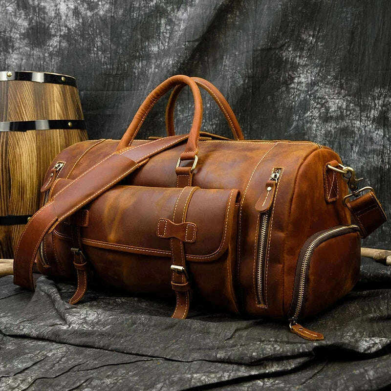 Vintage Crazy Horse leather Travel Bag With Shoe Pocket 20 inch big capacity Real Leather Weekend luuage Bag large Messenger Bag - KIMLUD
