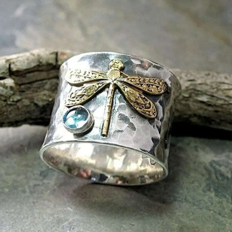 Vintage Dragonfly Rings for Women Fashion Acid Blue Crystal Women's Promise Ring Two-Tone Gold Plated Jewelry Accessories Gifts - KIMLUD