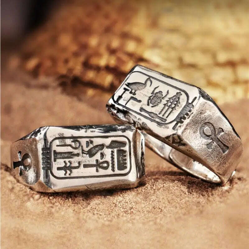 KIMLUD, Vintage Egyptian Life Cross Ring For Men Fashion Punk Silver Color Arubis Horus Eye Totem Open Ring Jewelry Couple Accessories, KIMLUD Womens Clothes