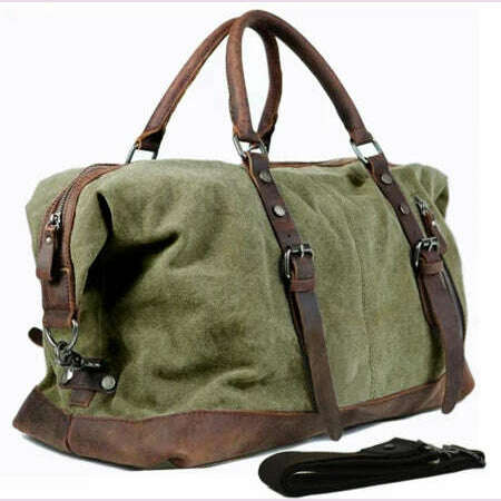Vintage military Canvas Leather men travel bags Carry on Luggage bags Men Duffel bags travel tote large weekend Bag Overnight - KIMLUD