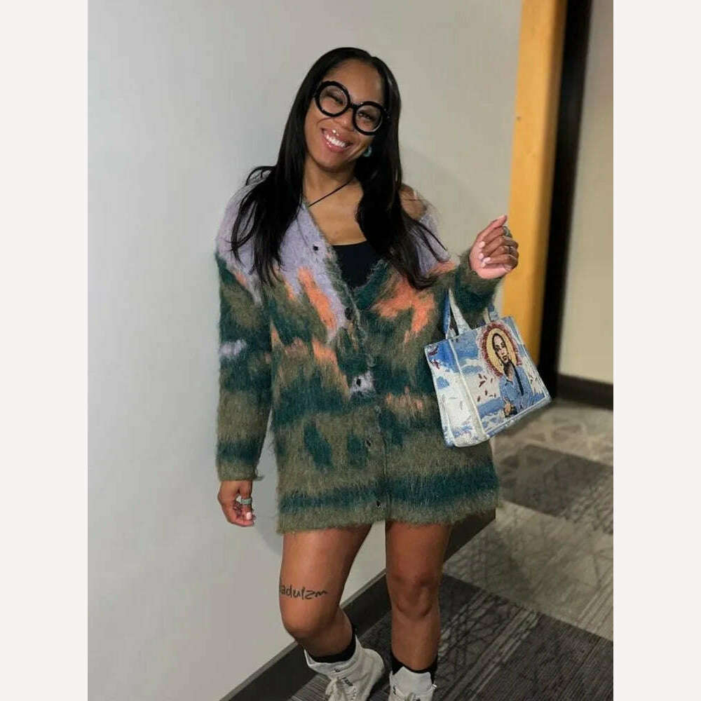 Vintage Mohair Print Knit Cardigan For Women Fashion Long Sleeves Single Breasted Loose Sweater 2023 Autumn Chic High Streetwear - KIMLUD