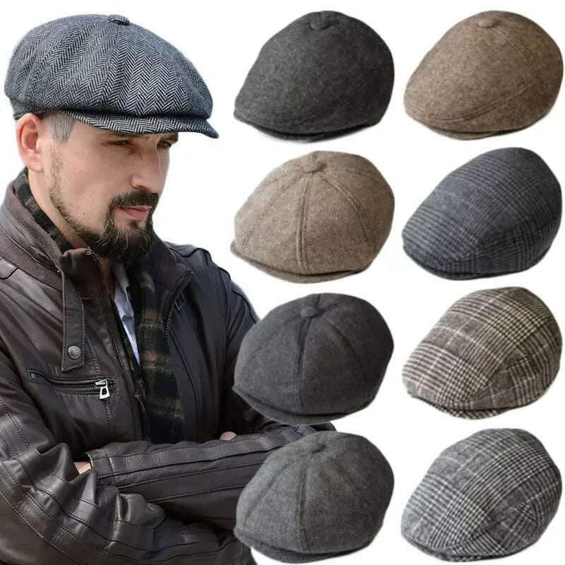 Vintage Newsboy Caps Men Women Berets Hat Classic Plaid Stripe Beret Winter Cotton Flat Cap British Painter Hats Herringbone Hat - KIMLUD