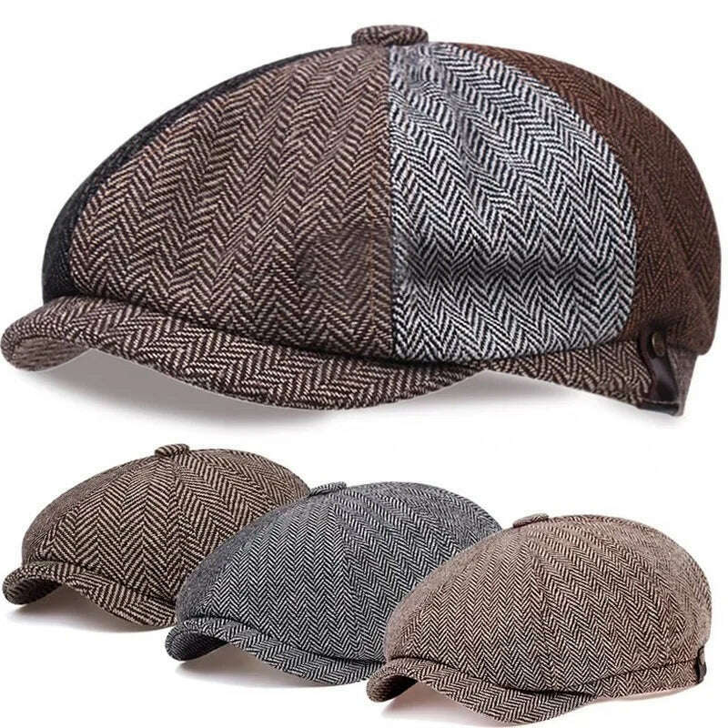 Vintage Newsboy Caps Men Women Berets Hat Classic Plaid Stripe Beret Winter Cotton Flat Cap British Painter Hats Herringbone Hat - KIMLUD