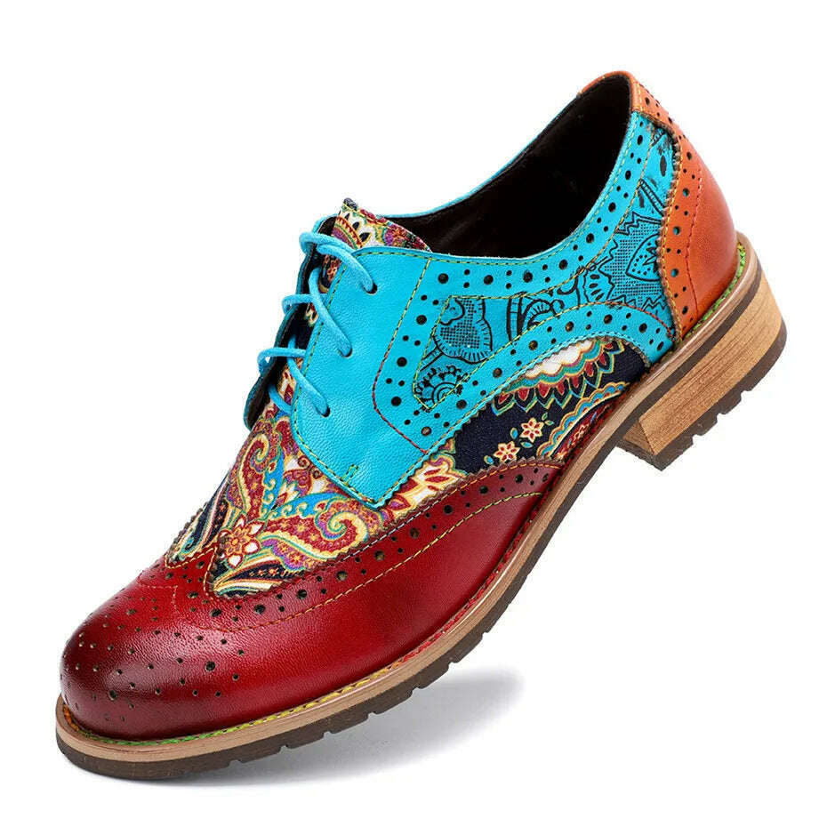Vintage Oxford Shoes For Women Genuine Leather Flat Heel Shoes Woman British Lace Up Brogues Flats Shoes Retro Chaussures Femme - KIMLUD