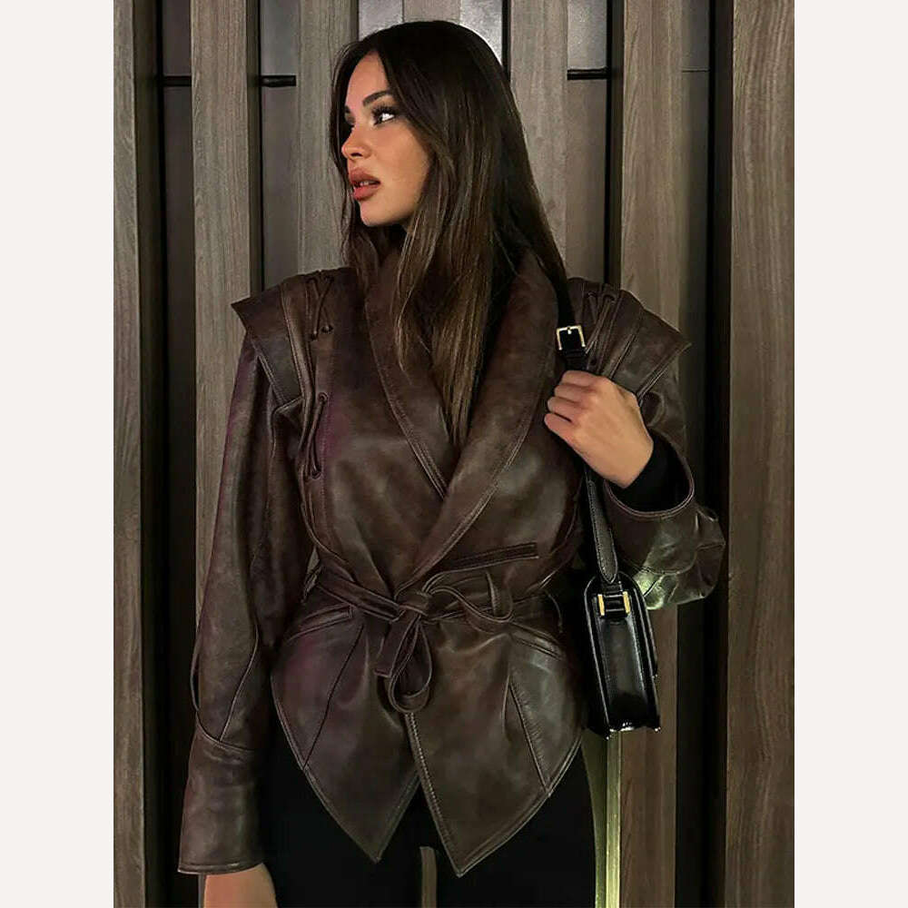 Vintage Pu Leather Lace-up Short Jacket For Women Fashion Lapel Long Sleeves Irregular Coat 2023 Ladies Office Commute Outwear - KIMLUD