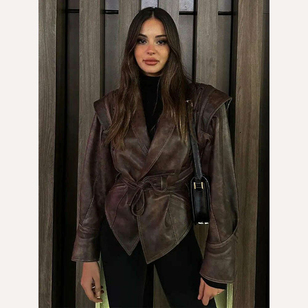 Vintage Pu Leather Lace-up Short Jacket For Women Fashion Lapel Long Sleeves Irregular Coat 2023 Ladies Office Commute Outwear - KIMLUD