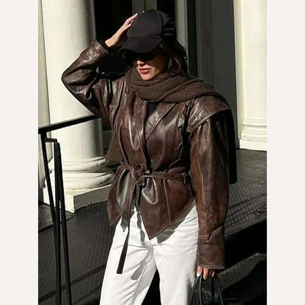 Vintage Pu Leather Lace-up Short Jacket For Women Fashion Lapel Long Sleeves Irregular Coat 2023 Ladies Office Commute Outwear - KIMLUD