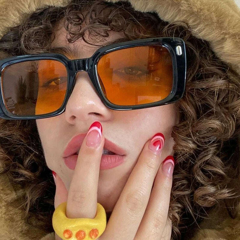 Vintage Rivet Square Sunglasses Woman Brand Designer Personality Sun Glasses Female Fashion Orange Retro Oculos De Sol - KIMLUD
