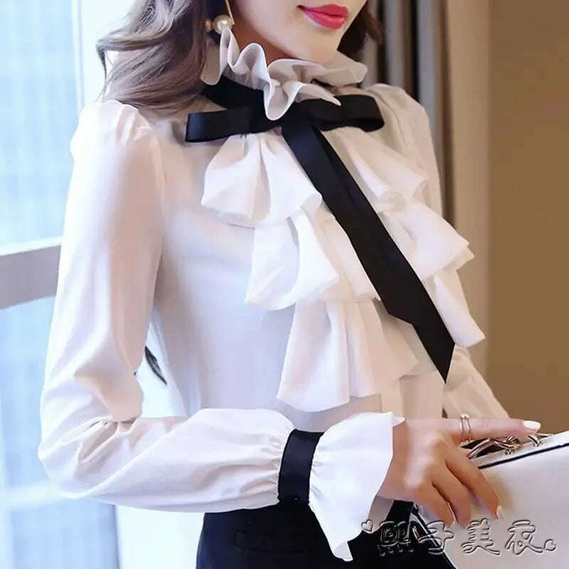 Vintage Ruffled Chiffon Blouse Women's Long Sleeve White Shirt Top for Eye Catching Style - KIMLUD
