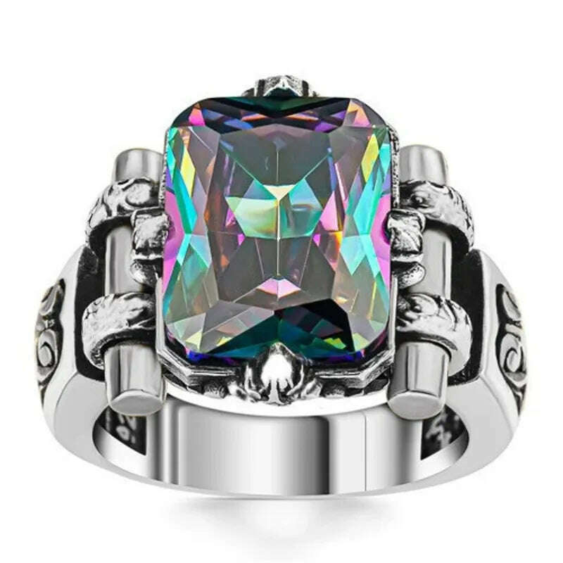 Vintage Square Inlaid Multicolour Stone Rings for Men Fashion Silver Color Metal Carving Pattern Punk Rings Accessories - KIMLUD