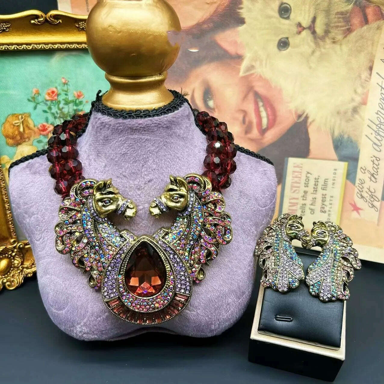 vintage two-headed horse Drop exaggerated necklace earrings - KIMLUD