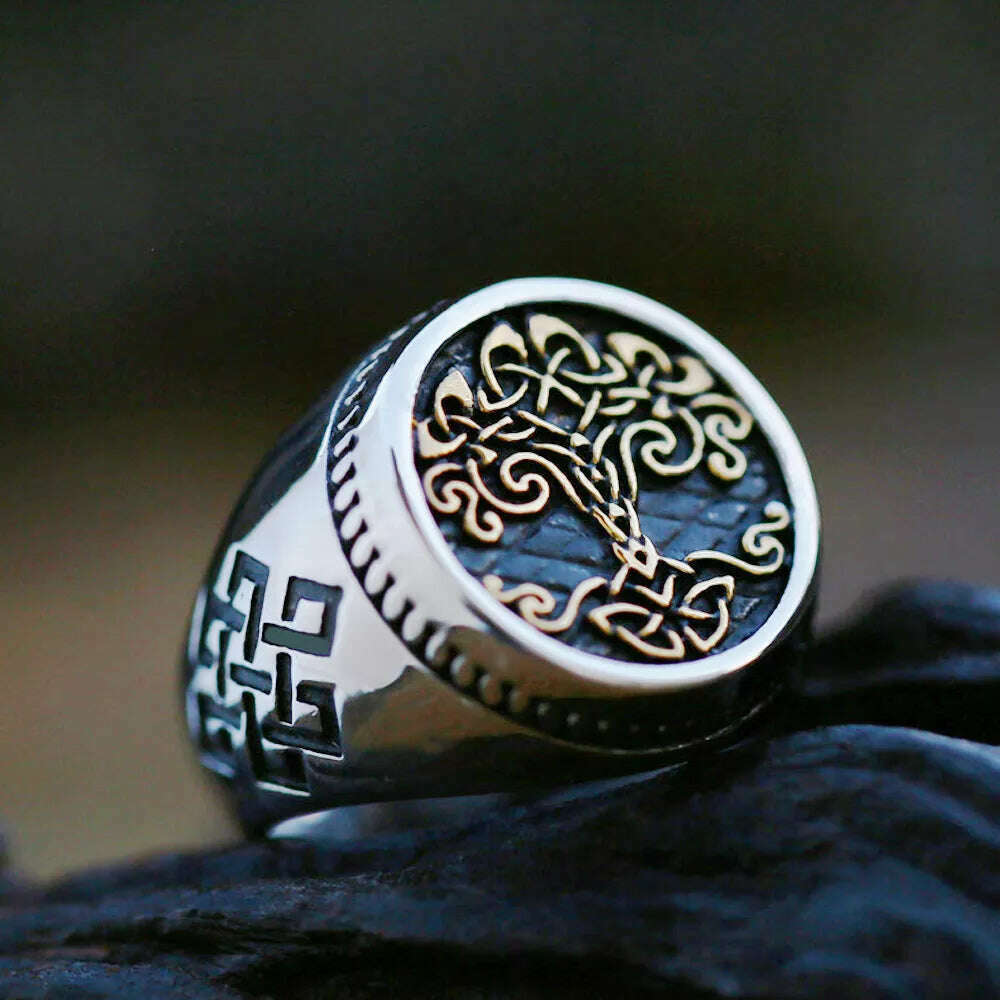 Vintage Viking Tree Of Life Ring For Men Nordic Mythology Stainless Steel Yggdrasils Ring Fashion Amulet Viking Jewelry Gift - KIMLUD