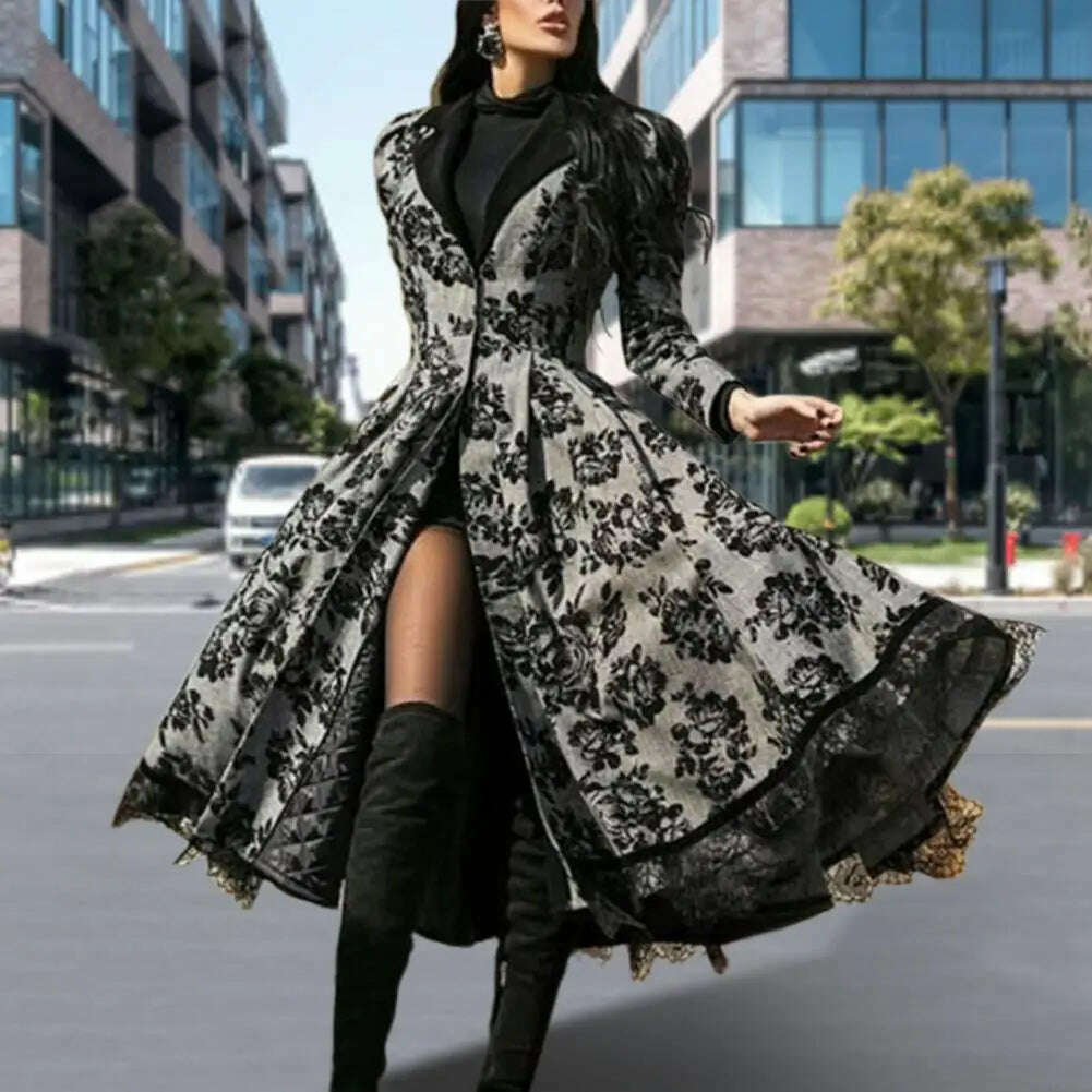 KIMLUD, Vintage Women's Dresses Fall Winter Lace Seamed Floral Print Dress Vintage Bodysuit Midi Dress Mid-Century Elegant Dress, KIMLUD Womens Clothes