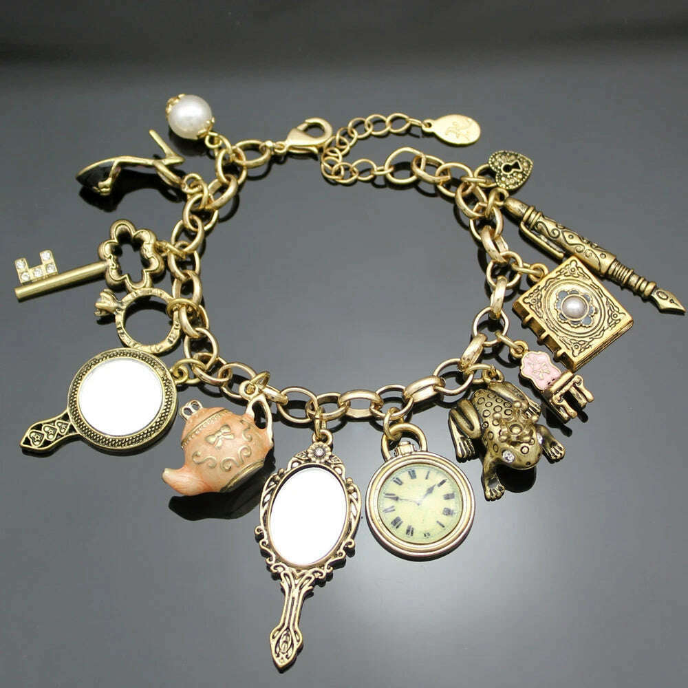 Vintage Wonderland Mirror Charms Beads Link Chain Crystal Bangle Bracelets For Women Pulseira Masculina Jewelry Accessories Gift - KIMLUD
