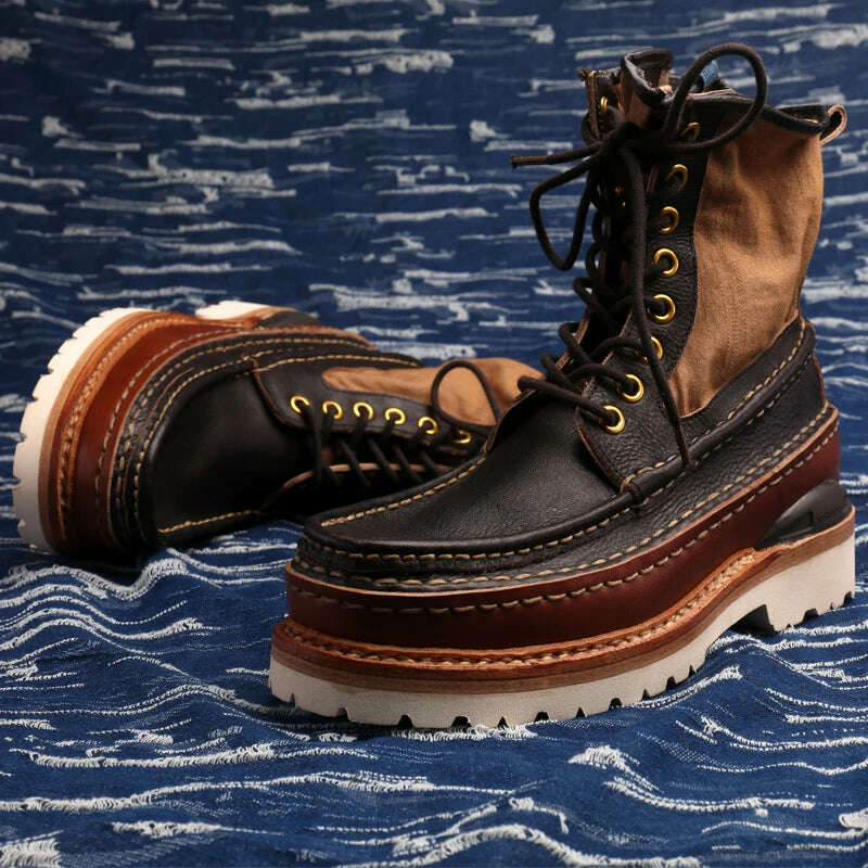 VISVIM Men's Outdoor Hiking Boots Vintage Men's Casual Leather Shoes Thick Sole Boots for Men Hiking Boots - KIMLUD