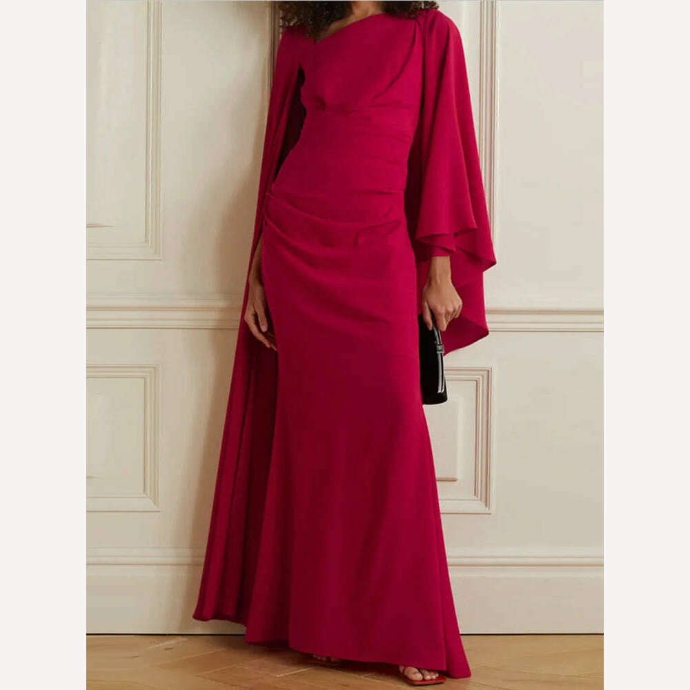 VKBN News Party Evening Dresses Women Casual Lantern Sleeve Wine Red Diagonal Collar Banquet Maxi Wedding Dresses for Female - KIMLUD