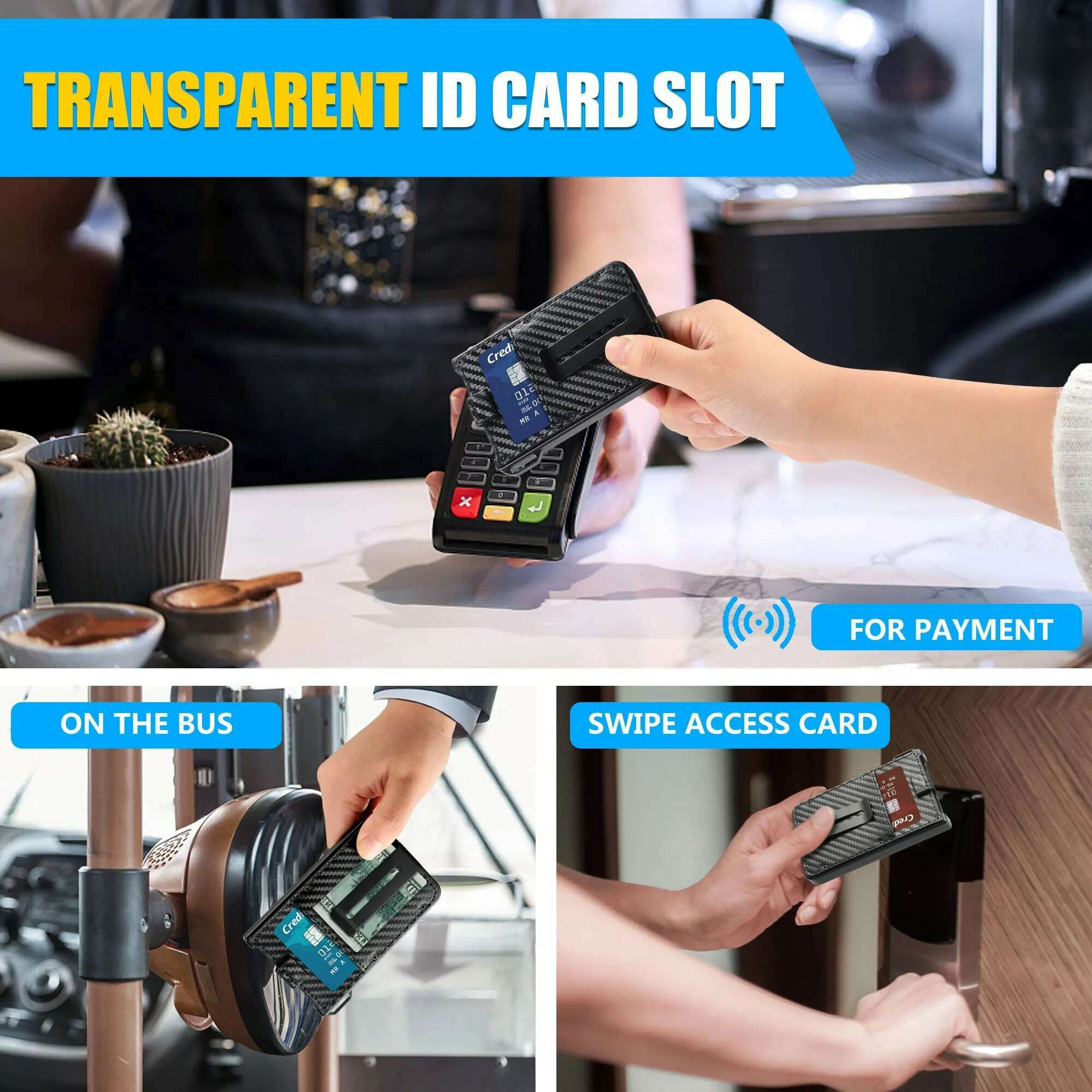 Wallet For Men - Aluminum Slim Carbon Fiber Leather Wallet，Holds up 10 Cards Card Holder with Clear ID Card Holder, Cash Clip - KIMLUD