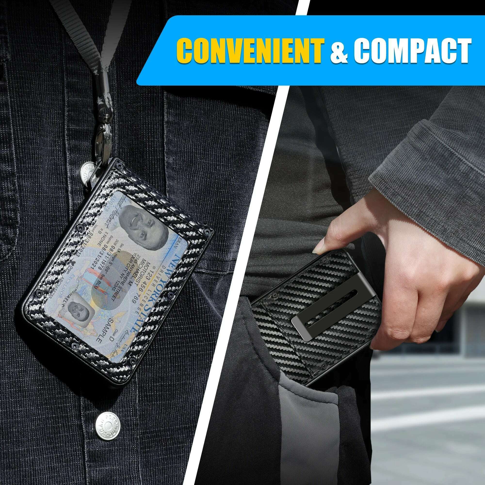 Wallet For Men - Aluminum Slim Carbon Fiber Leather Wallet，Holds up 10 Cards Card Holder with Clear ID Card Holder, Cash Clip - KIMLUD