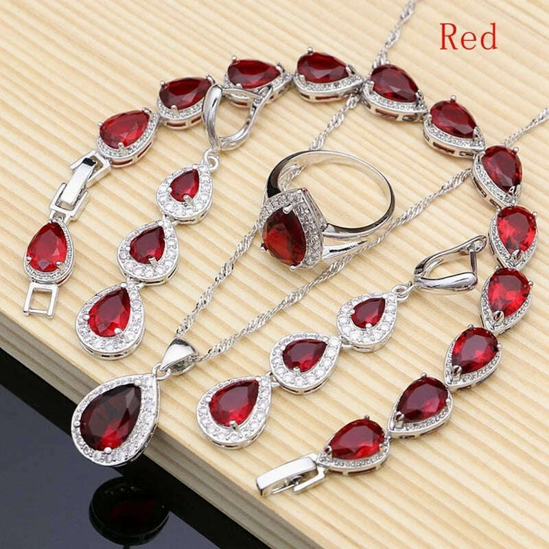 KIMLUD, Water Drop Silver 925 Jewelry Red Ruby White Topaz Jewelry Sets Women Long Earrings/Pendant/Necklace/Rings/Bracelet Dropshipping, KIMLUD Womens Clothes