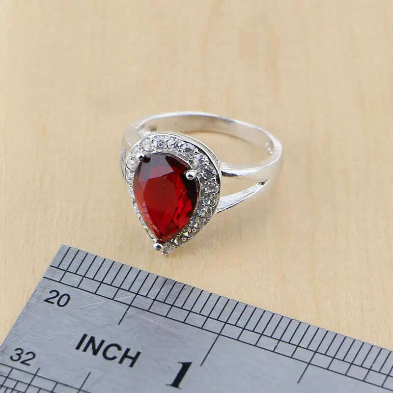 KIMLUD, Water Drop Silver 925 Jewelry Red Ruby White Topaz Jewelry Sets Women Long Earrings/Pendant/Necklace/Rings/Bracelet Dropshipping, KIMLUD Womens Clothes