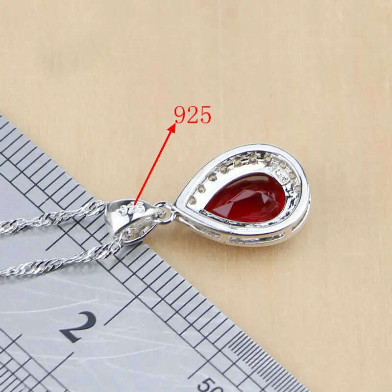 KIMLUD, Water Drop Silver 925 Jewelry Red Ruby White Topaz Jewelry Sets Women Long Earrings/Pendant/Necklace/Rings/Bracelet Dropshipping, KIMLUD Womens Clothes