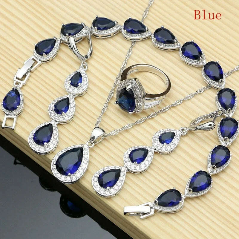 KIMLUD, Water Drop Silver 925 Jewelry Red Ruby White Topaz Jewelry Sets Women Long Earrings/Pendant/Necklace/Rings/Bracelet Dropshipping, KIMLUD Womens Clothes
