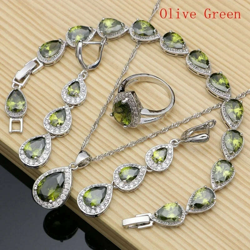 KIMLUD, Water Drop Silver 925 Jewelry Red Ruby White Topaz Jewelry Sets Women Long Earrings/Pendant/Necklace/Rings/Bracelet Dropshipping, KIMLUD Womens Clothes
