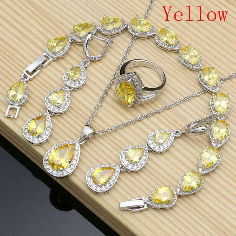 KIMLUD, Water Drop Silver 925 Jewelry Red Ruby White Topaz Jewelry Sets Women Long Earrings/Pendant/Necklace/Rings/Bracelet Dropshipping, Yellow / 8, KIMLUD APPAREL - Womens Clothes