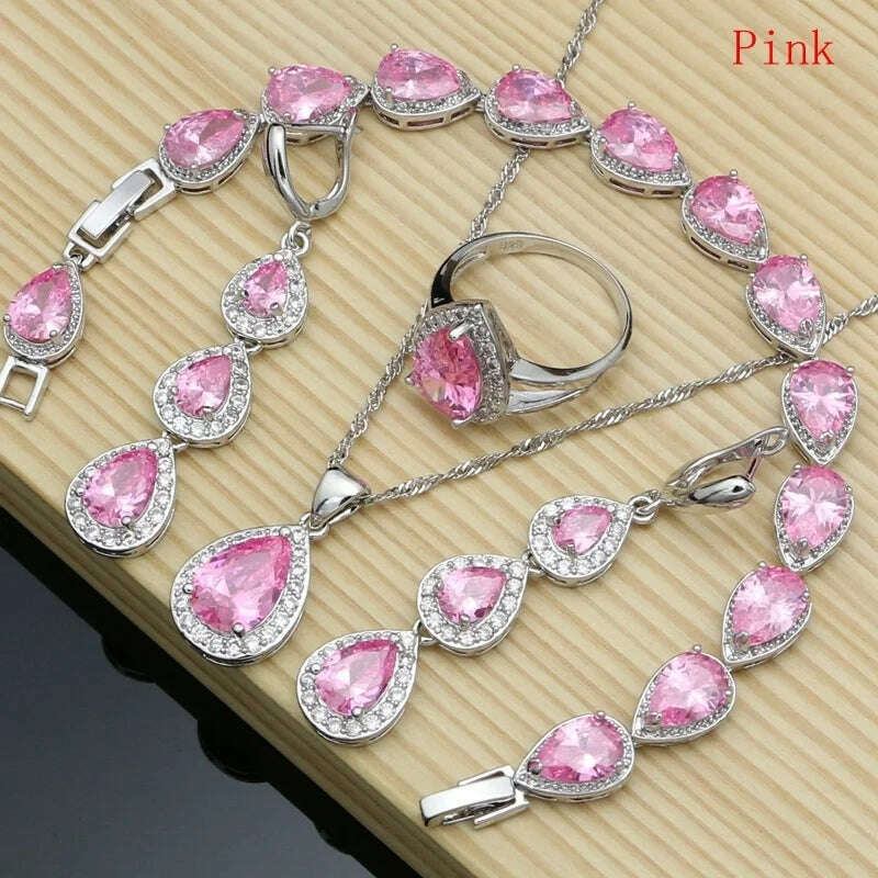KIMLUD, Water Drop Silver 925 Jewelry Red Ruby White Topaz Jewelry Sets Women Long Earrings/Pendant/Necklace/Rings/Bracelet Dropshipping, Pink / 9, KIMLUD APPAREL - Womens Clothes