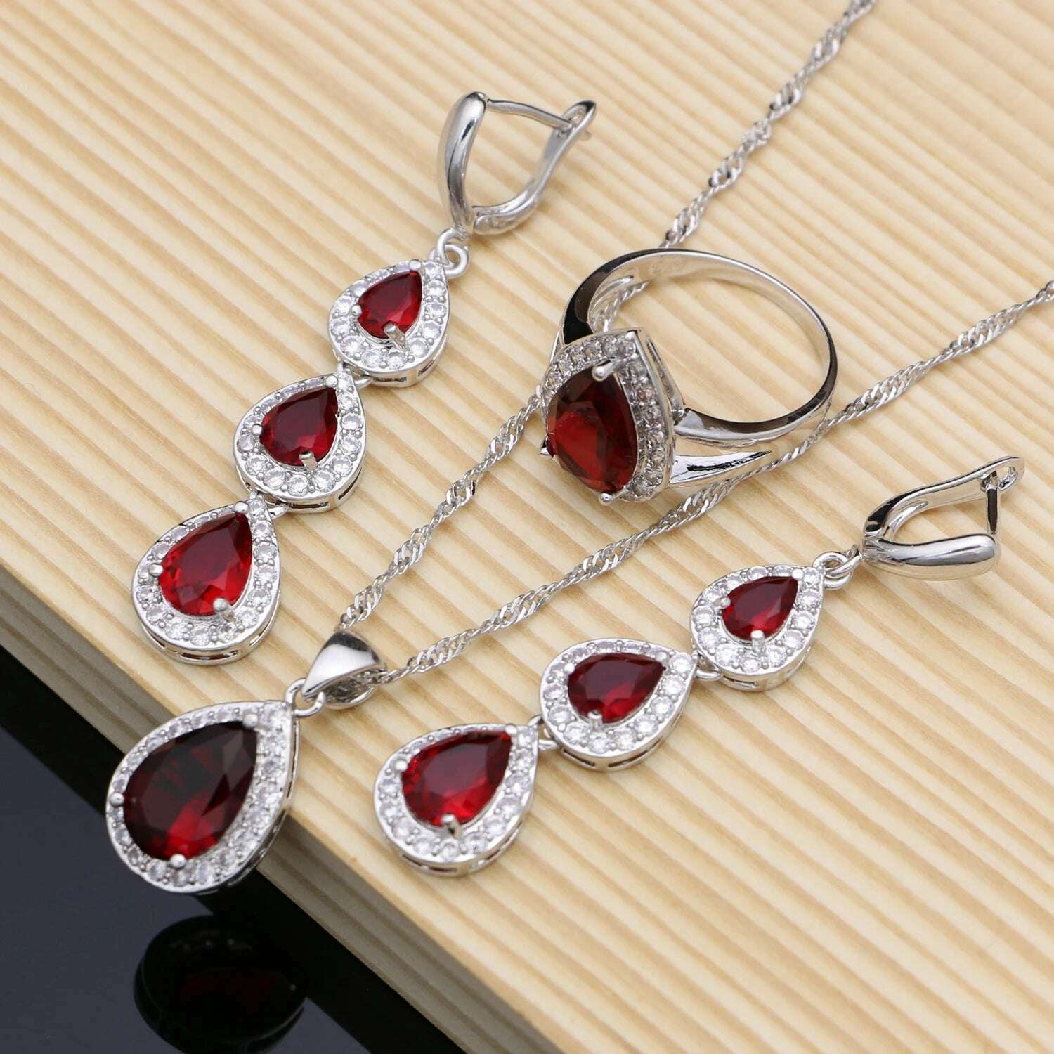 KIMLUD, Water Drop Silver 925 Jewelry Red Ruby White Topaz Jewelry Sets Women Long Earrings/Pendant/Necklace/Rings/Bracelet Dropshipping, 3 PCS / 9, KIMLUD APPAREL - Womens Clothes