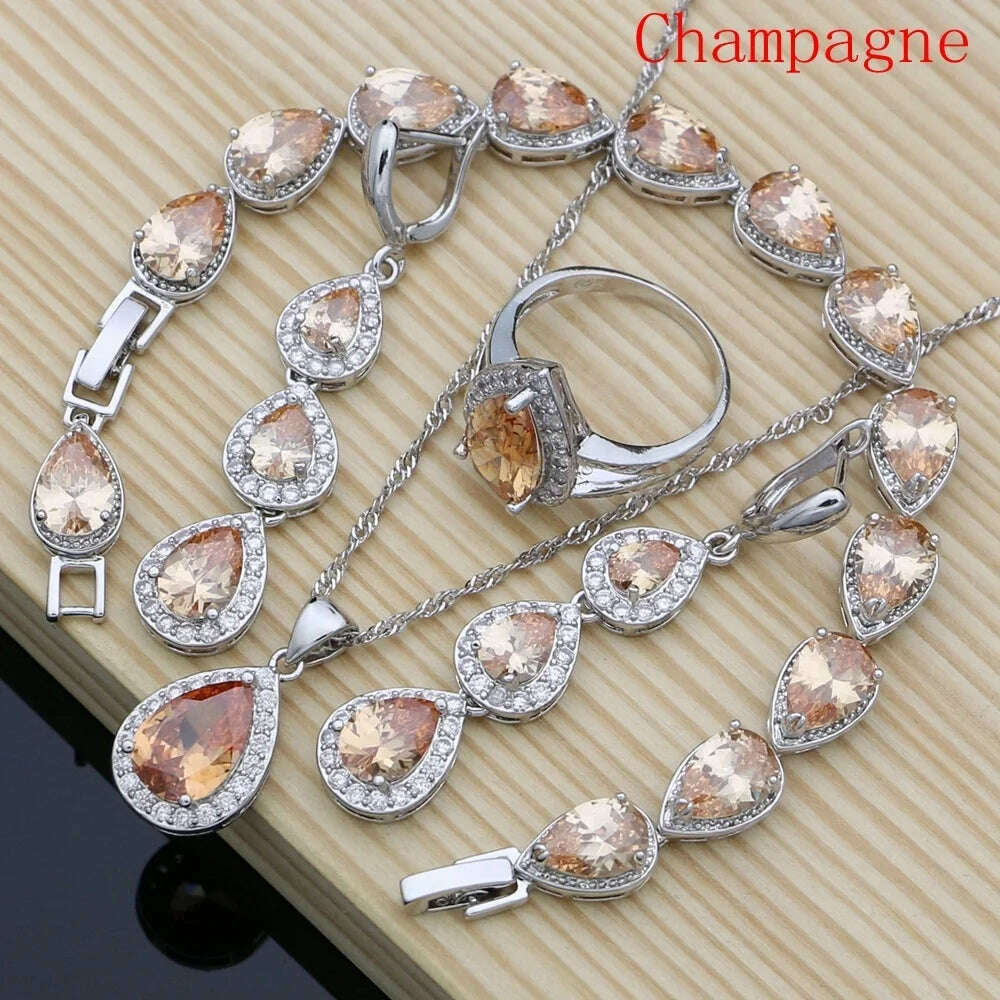 KIMLUD, Water Drop Silver 925 Jewelry Red Ruby White Topaz Jewelry Sets Women Long Earrings/Pendant/Necklace/Rings/Bracelet Dropshipping, Champagne / 7, KIMLUD APPAREL - Womens Clothes