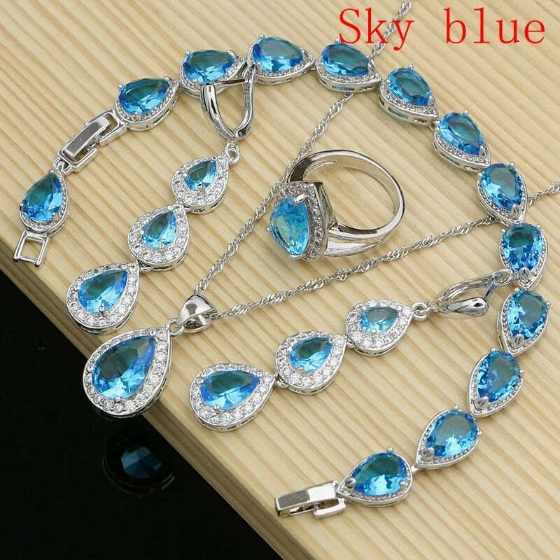 KIMLUD, Water Drop Silver 925 Jewelry Red Ruby White Topaz Jewelry Sets Women Long Earrings/Pendant/Necklace/Rings/Bracelet Dropshipping, SKY BLUE / 10, KIMLUD APPAREL - Womens Clothes