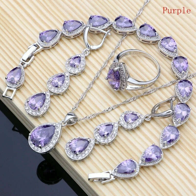 KIMLUD, Water Drop Silver 925 Jewelry Red Ruby White Topaz Jewelry Sets Women Long Earrings/Pendant/Necklace/Rings/Bracelet Dropshipping, PURPLE / 10, KIMLUD APPAREL - Womens Clothes