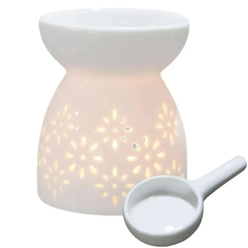 Wax Melt Essential Oil Burner Ceramic Candle Holder White Hollow Design Aromatherapy Tarts Assorted Wax Scented Candle Warmer - KIMLUD
