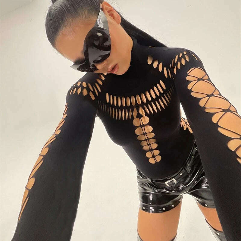 WhereMery Solid Hollow Out High Collar Bodysuit Sexy Bodycon Skinny Long Sleeves T Shirts Women Gothic Punk Streetwear Bodysuits - KIMLUD
