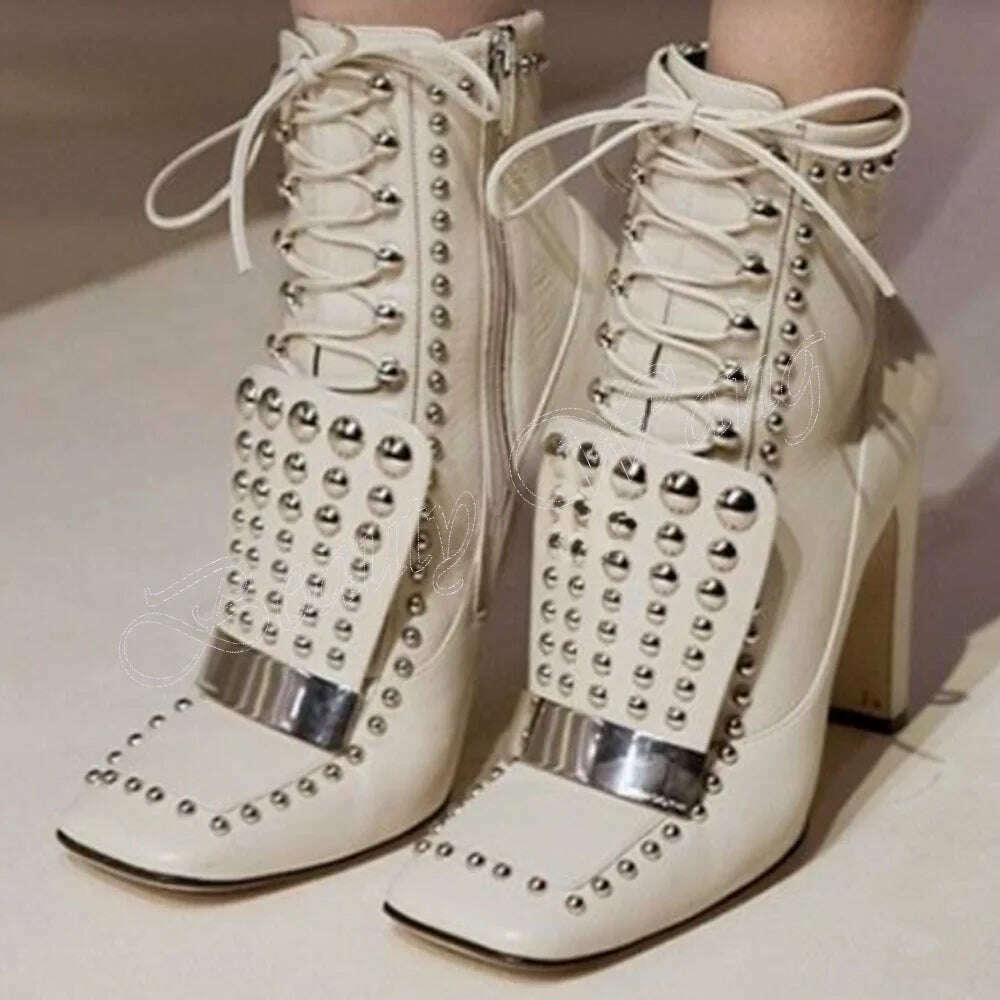 White Square Toe Boots Rivet Decor Side Zipper Thick High Heel Shoes for Women High Heels Fashion 2023 New Zapatos Para Mujere - KIMLUD