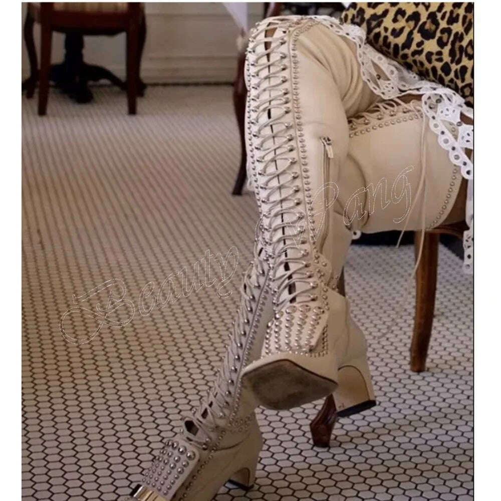 White Square Toe Boots Rivet Decor Side Zipper Thick High Heel Shoes for Women High Heels Fashion 2023 New Zapatos Para Mujere - KIMLUD