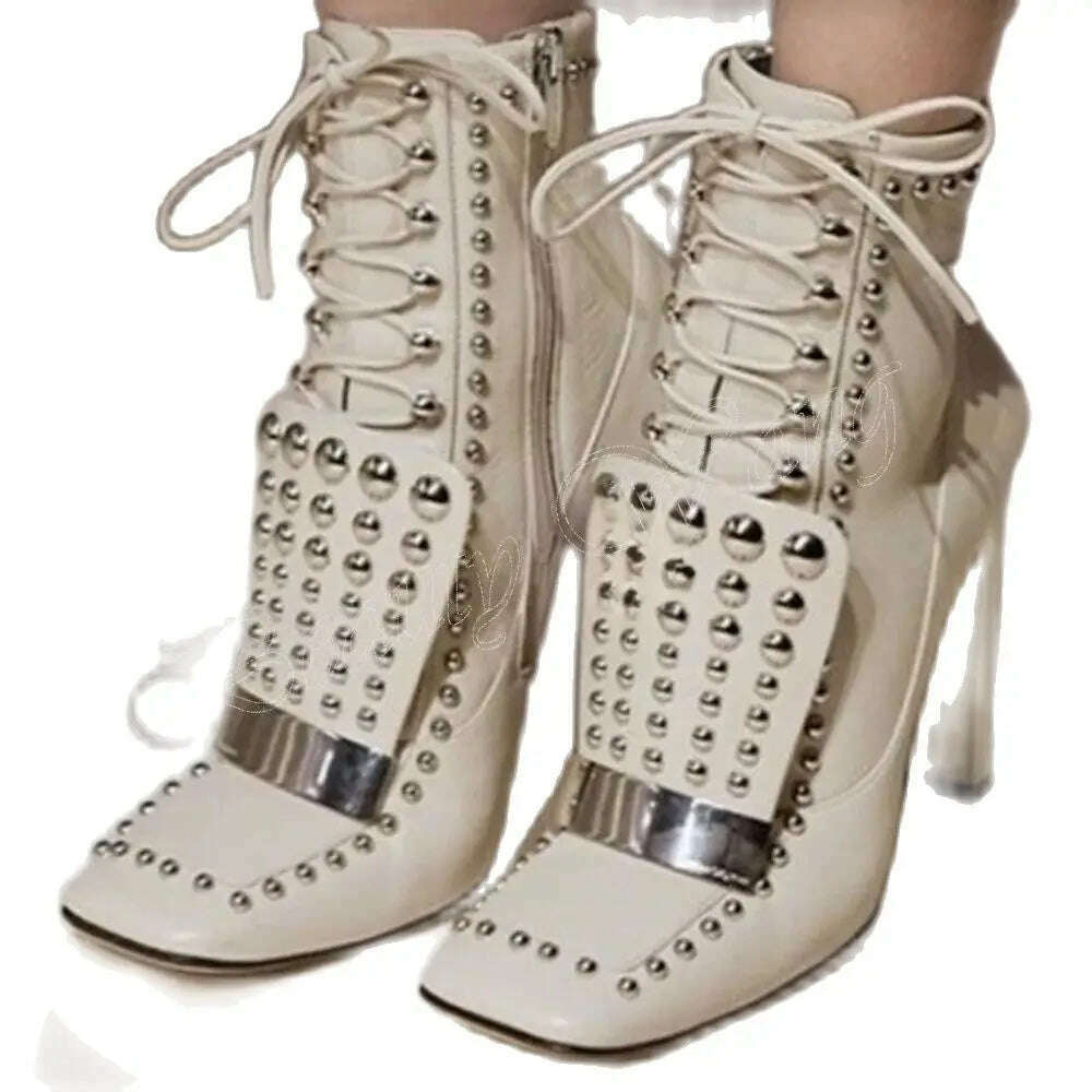 White Square Toe Boots Rivet Decor Side Zipper Thick High Heel Shoes for Women High Heels Fashion 2023 New Zapatos Para Mujere - KIMLUD