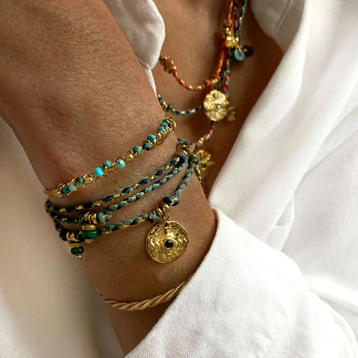 WILD & FREE Vintage Stainless Steel Charms Necklaces for Women Boho Pink Blue Rope Chains Bracelets Trendy Jewelry Sets - KIMLUD