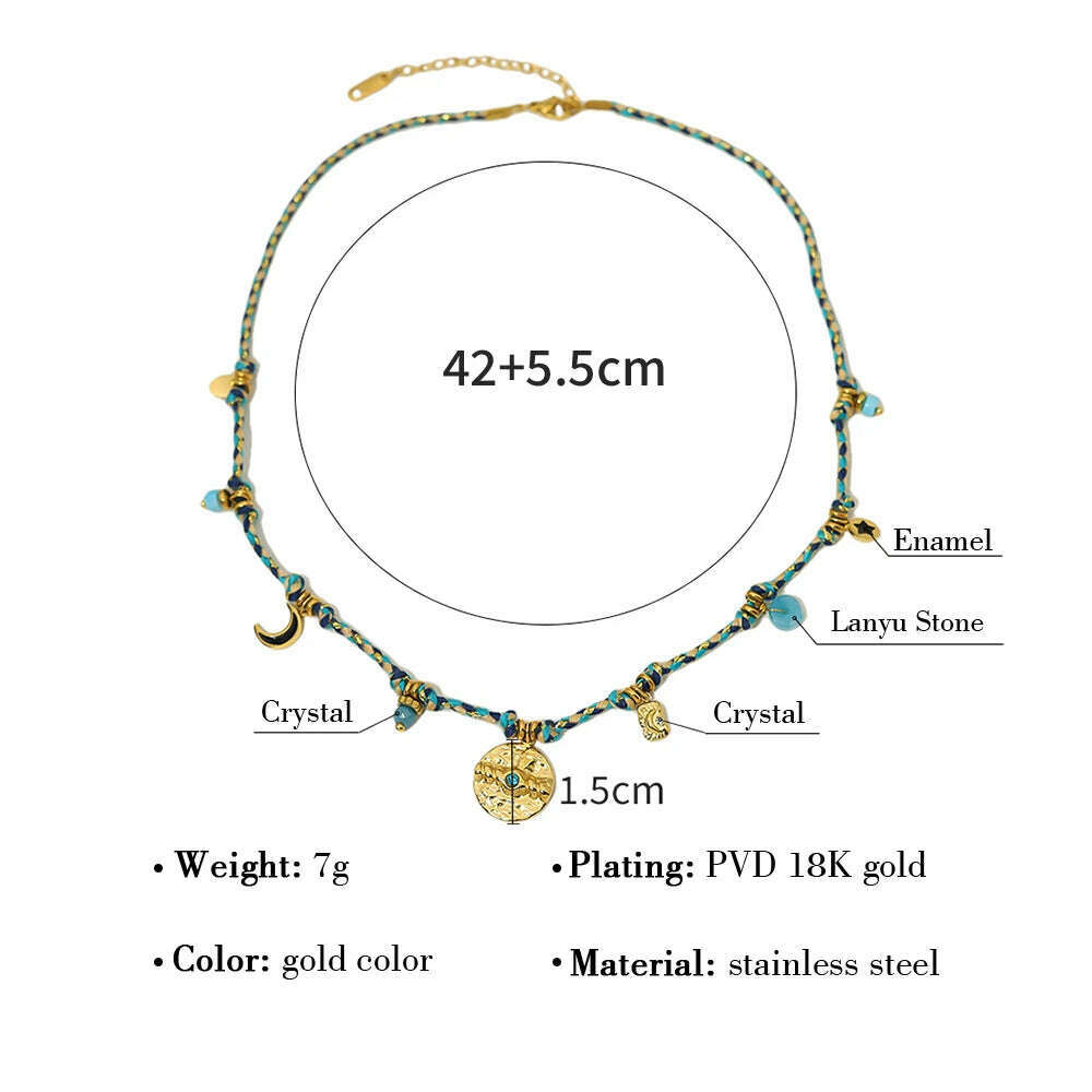 WILD & FREE Vintage Stainless Steel Charms Necklaces for Women Boho Pink Blue Rope Chains Bracelets Trendy Jewelry Sets - KIMLUD