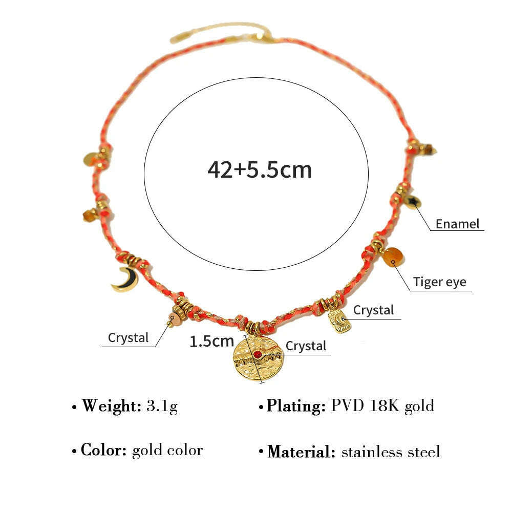 WILD & FREE Vintage Stainless Steel Charms Necklaces for Women Boho Pink Blue Rope Chains Bracelets Trendy Jewelry Sets - KIMLUD