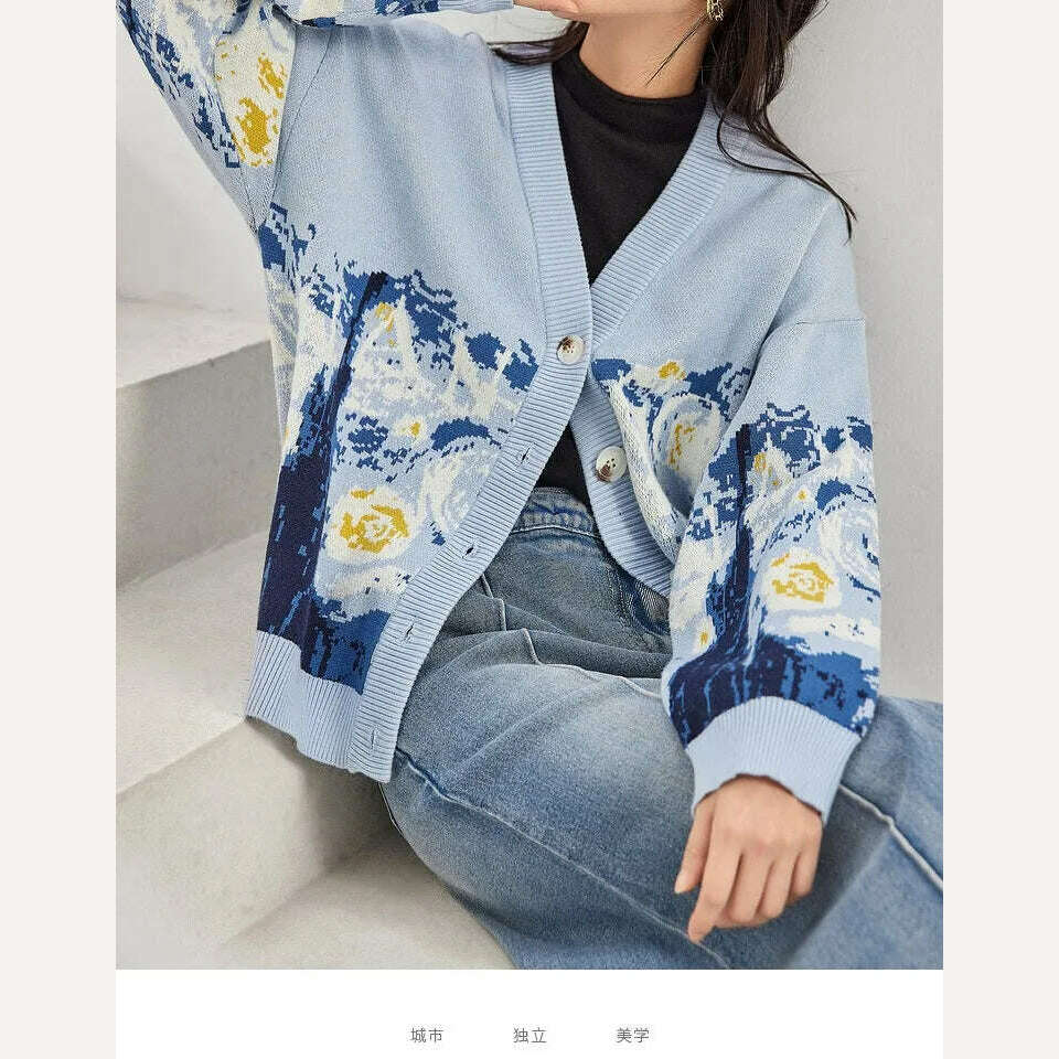 Winter Cardigan for Women 2023 Designer Knitted Sweater Coat Female New Fashion Printing Thick V-neck Casual Oversize Jumpers - KIMLUD
