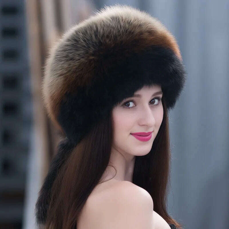 Winter Fur Hat Women Natural Raccoon Fox Fur Russian Hats Winter Outdoor Thick Warm Bomber Ears Caps - KIMLUD