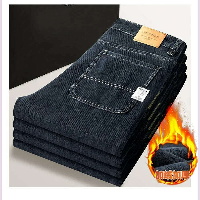 KIMLUD, Winter Korean Fashion Brushed Jeans for Men's Thickened Warm Elastic Slim Comfortable Straight Fleece Denim Trousers, KIMLUD Womens Clothes