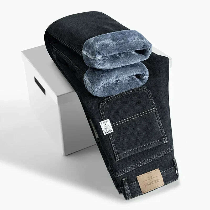 KIMLUD, Winter Korean Fashion Brushed Jeans for Men's Thickened Warm Elastic Slim Comfortable Straight Fleece Denim Trousers, Blue Black / 29, KIMLUD APPAREL - Womens Clothes